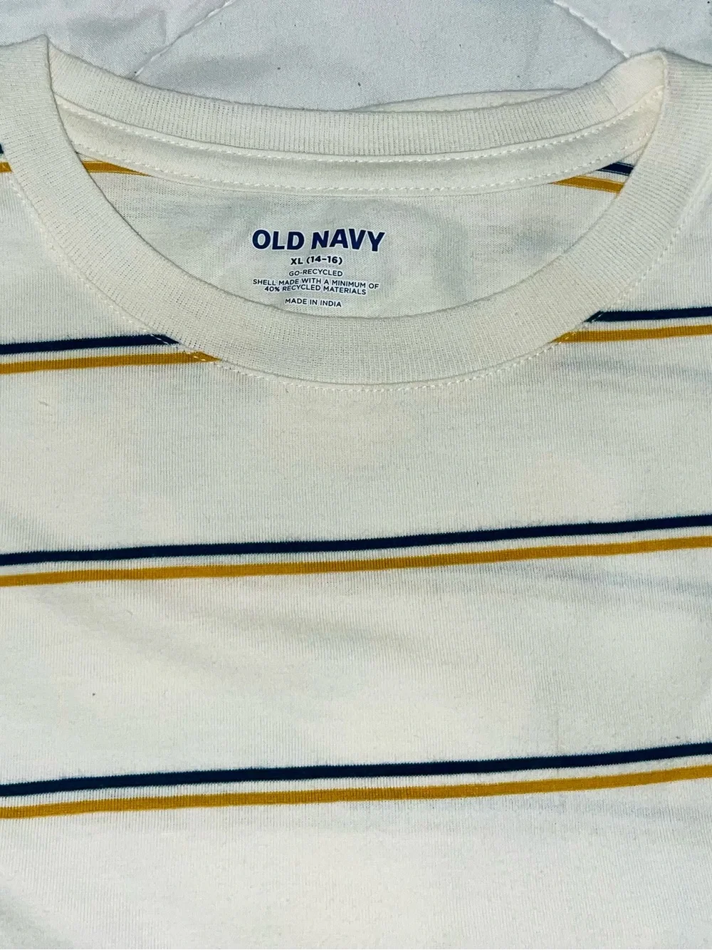 Old Navy White Long-Sleeve Crewneck with Black & Tan Stripes